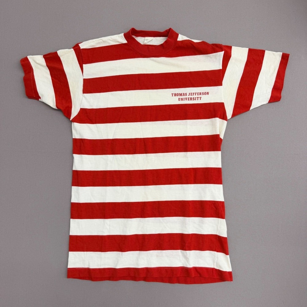 Vintage Champion Thomas Jefferson University Striped T-Shirt Red White XL 70s